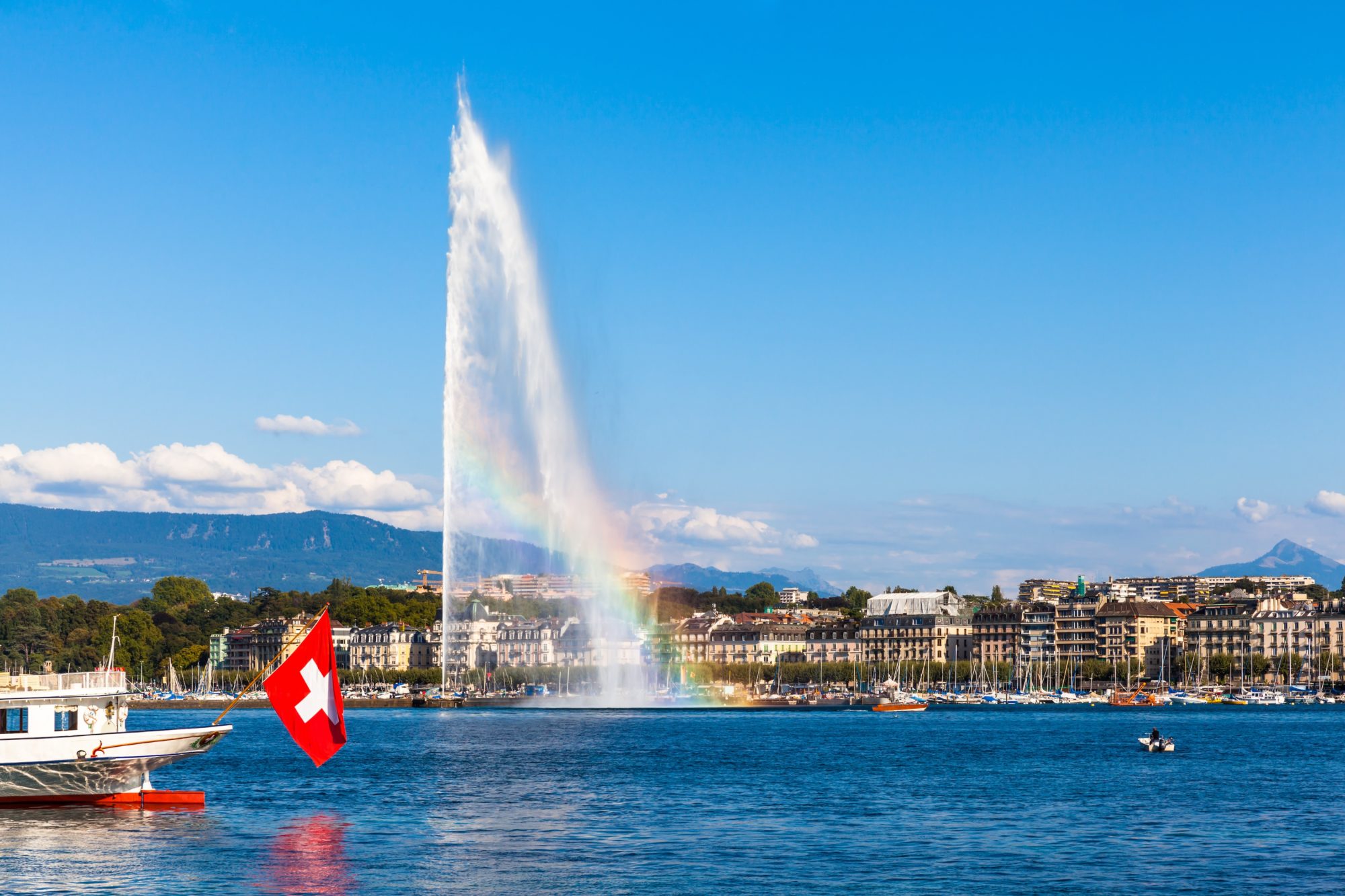 Water jet fountain with rainbow in Geneva