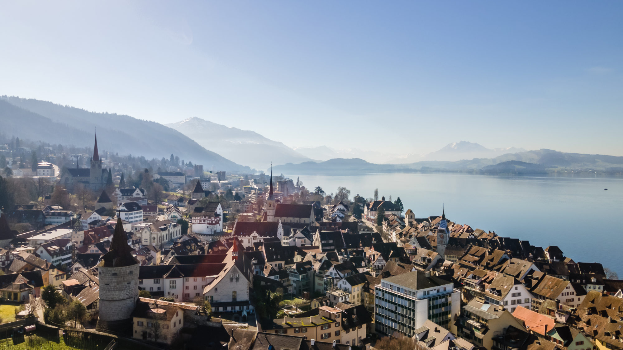 Drone picture of the city of Zug, Switzerland.