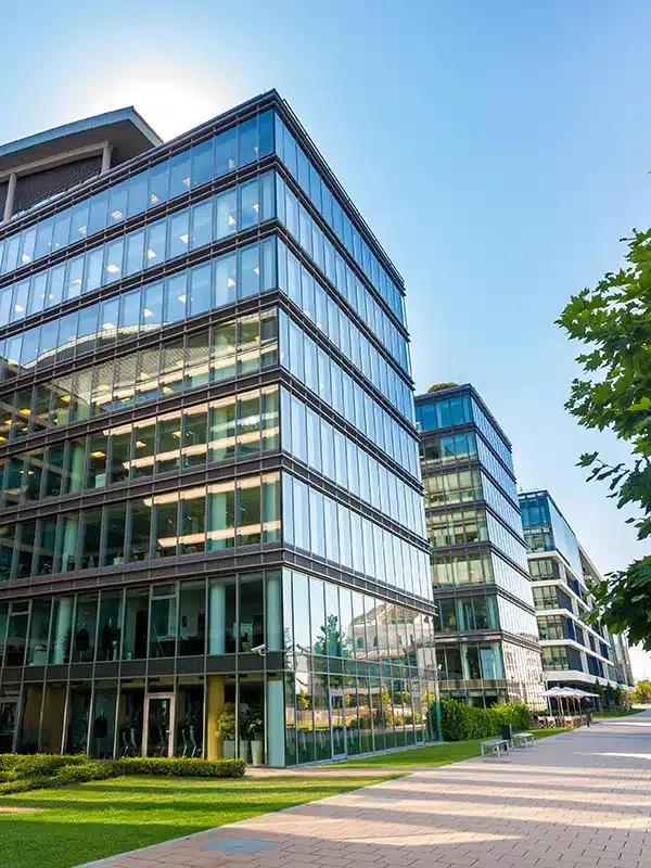 Swiss business district &mdash; modern glass and stone office buildings