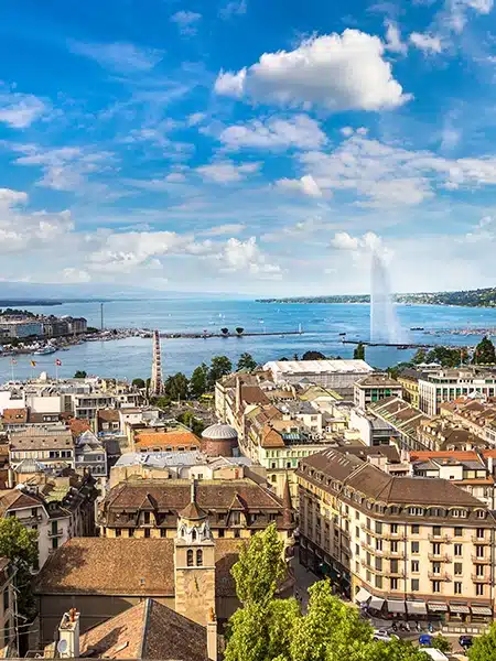 Ginebra, barrio internacional — Palacio de las Naciones, lago Léman y sede de las organizaciones internacionales